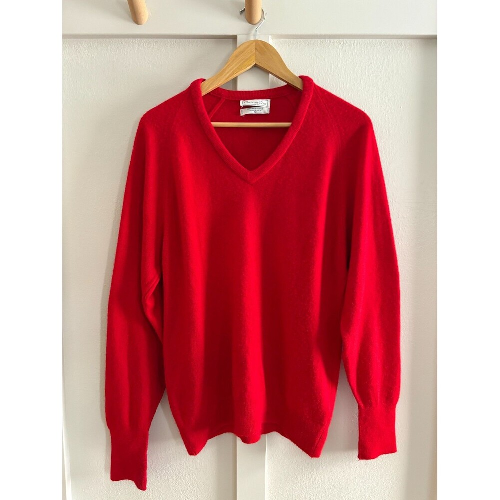 Vintage Christian Dior Red V-Neck Sweater Mens M Soft Orlon Acrylic 80s Designer